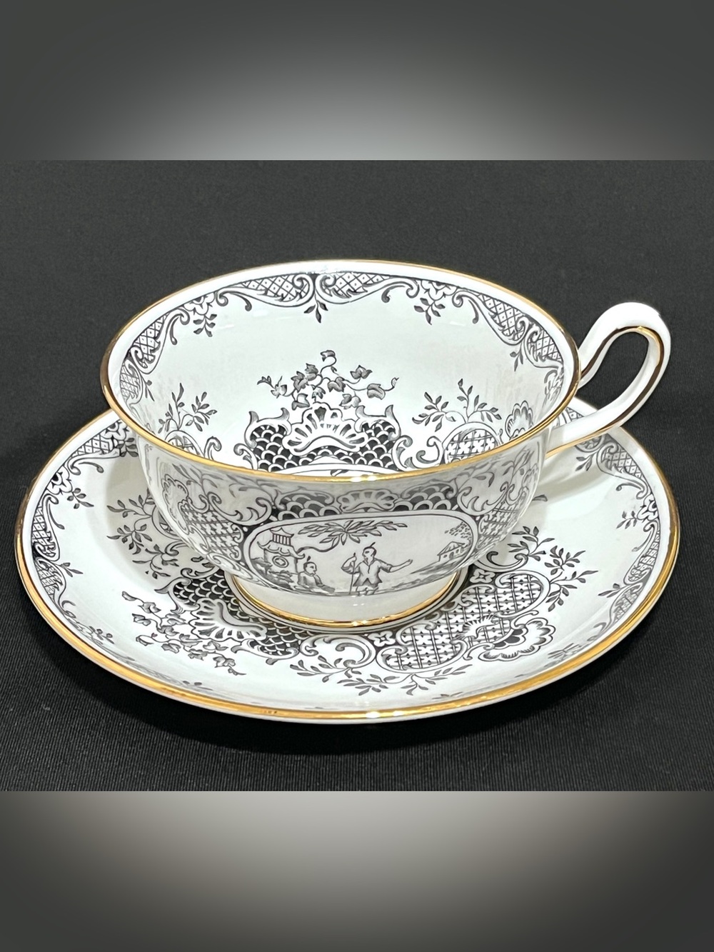 Royal Chelsea England 4419A Black White Chinoiserie Teacup Saucer Set